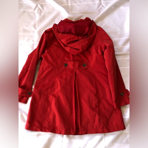 Lands' End Lined Red Trench Coat with High Collar and Hood - Picture 7 of 14
